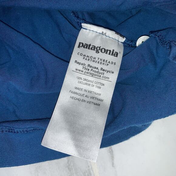 Patagonia Trout Logo Fitz Roy Polo Shirt Men's Small Blue Short Sleeve Buttons - Picture 12 of 14